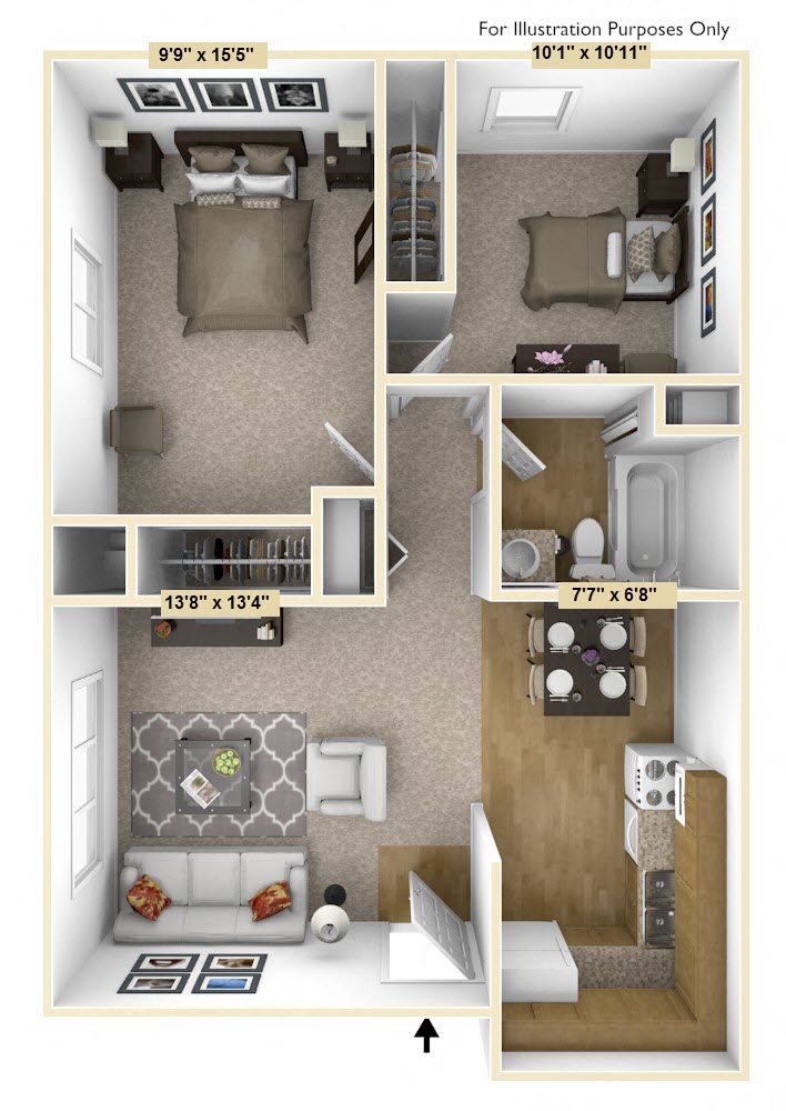 Floor plan for 2 beds, 1 bath, 741 sqft